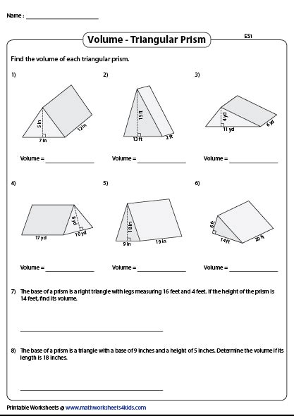 Volume Of Triangular Prisms Worksheets