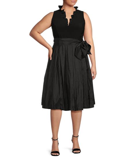 Jessica Howard Plus Size Ruffle V Neck Sleeveless Tie Waist Pleated Fit