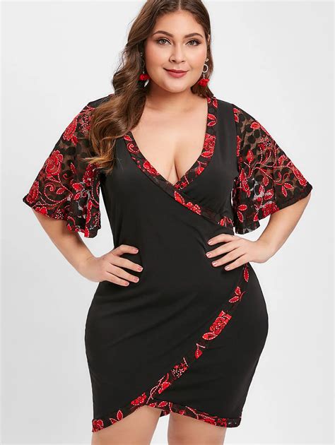 Wipalo Women Plus Size 5XL Contrast Floral Lace Trim Bodycon Dress Sexy