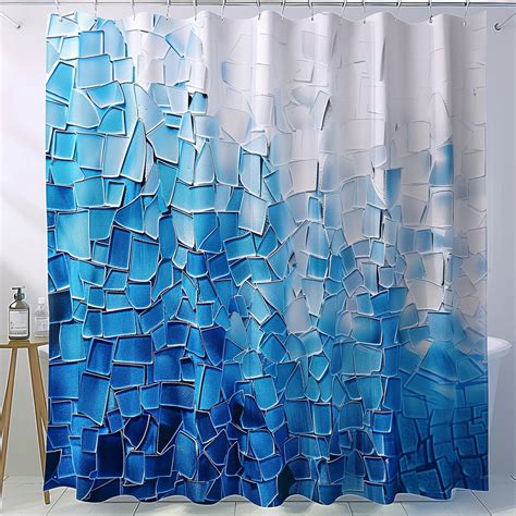 Modern Art Blue Ombre Cubism Glass Mosaic Style Shower Curtain Bathroom Decor In White