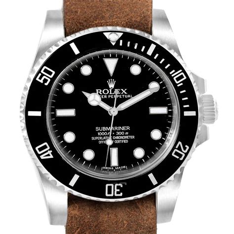 Rolex Submariner Ceramic Bezel Brown Strap Steel Mens Watch 114060