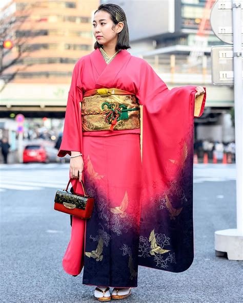 Tokyo Fashion Traditional Japanese Furisode Kimono On The Streets Of