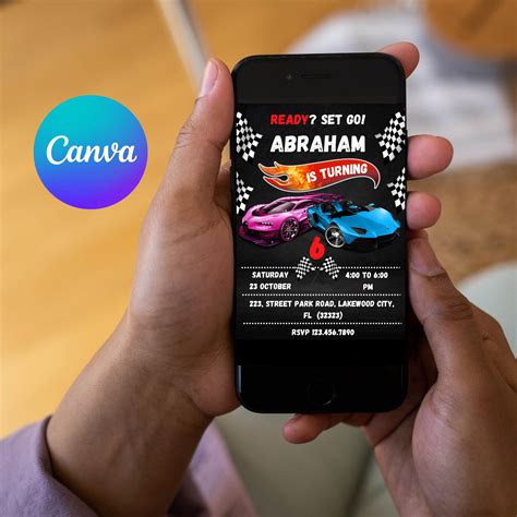 Editable Wheels Hot Cars Birthday Invitation Template Printable Canva Mobile Car Racing Wheels