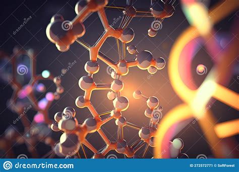 Digital Image Of Pink Dna Molecule Whirling With Molecules And Blue