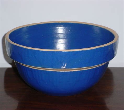 Large Blue Stoneware Mixing Bowl Crock Yellowware Heavy Picket