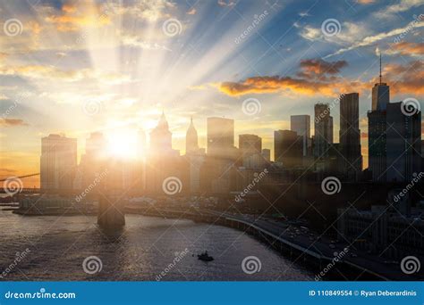 Sun Shines on New York City Downtown Manhattan Skyline Stock Photo - Image of dark, river: 110849554