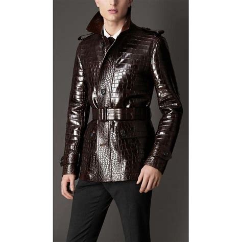 Chocolate Belted Alligator Skin Leather Mens Coat For Sale Leather