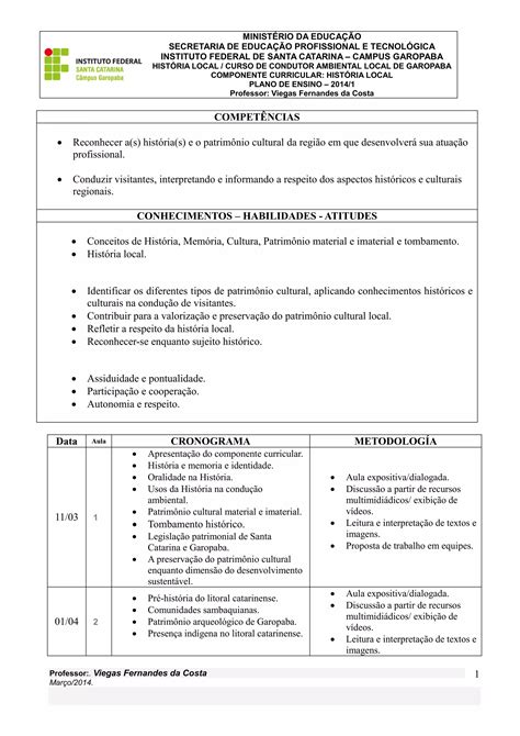 Plano De Ensino Do Componente Curricular De Hist Ria Local Pdf