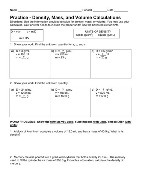 Density Calculations Worksheet I