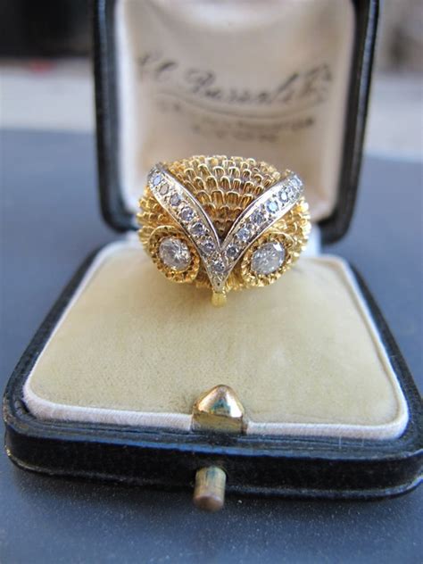 Vintage 18k Yellow Gold Diamond Owl Ring Etsy