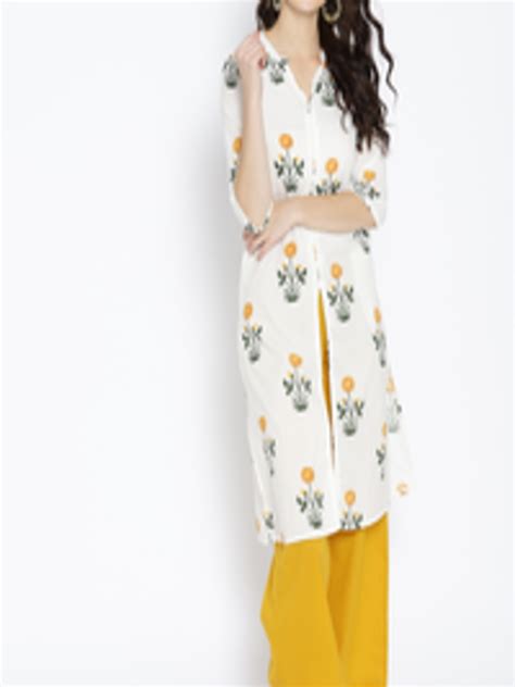 Buy Hereandnow Women Off White And Mustard Yellow Floral Printed Straight Kurta Kurtas For Women