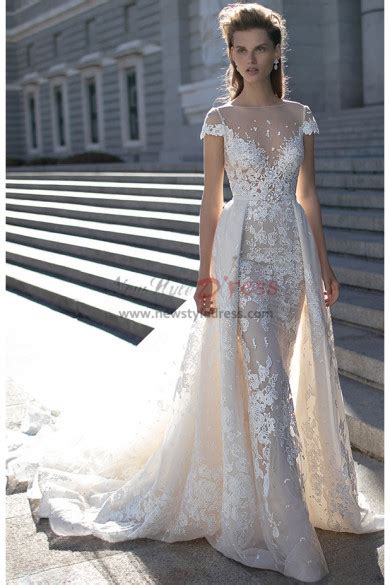 Sheath Cap Sleeves Illusion Neckline Overskirt Wedding Dress Embroidery Chapel Train Lace Bride