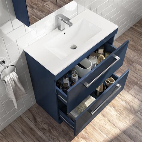 Grade A1 800mm Blue Freestanding Vanity Unit With Basin And Brushed Brass Handle Ashford