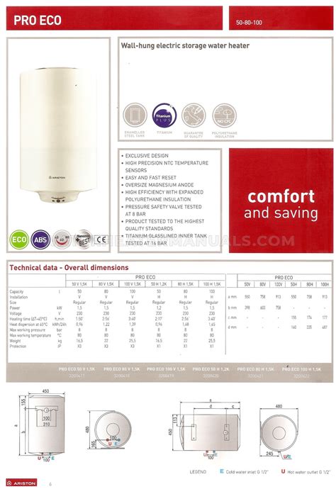 Ariston Pro R V Water Heater Specifications Sheet Water Heater Manuals