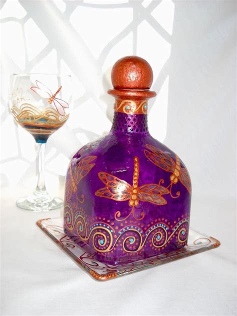 Dragonfly Patron Bottle Hand Painted Decanter Purple Glass With Base