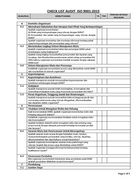 Contoh Checklist Internal Audit Iso 9001 2015 Bahasa Indonesia