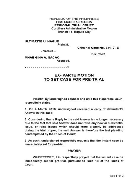 Ex Parte Motion To Set Case For Pre Trial 361 Views