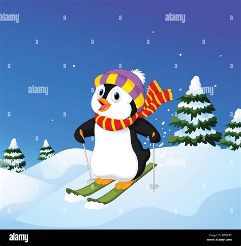 Cartoon Penguin Skiing Down A Mountain Slope Stock Vector Image And Art