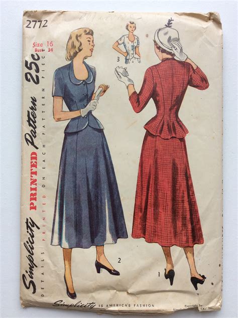 Kits And How To 1949 Simplicity 2772 Women U2019s 2 Piece Dress Sewing Pattern Size 16 Bust 34