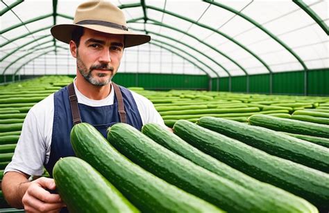 Man Farmer With Container Harvest Of Cucumbers In Greenhouse Concept Of Horticulture Agriculture