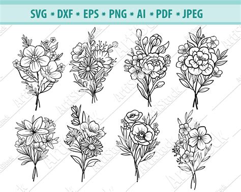 Flower Svg Files Bouquet Svg File Bouquet Of Flowers Svg Etsy Flower