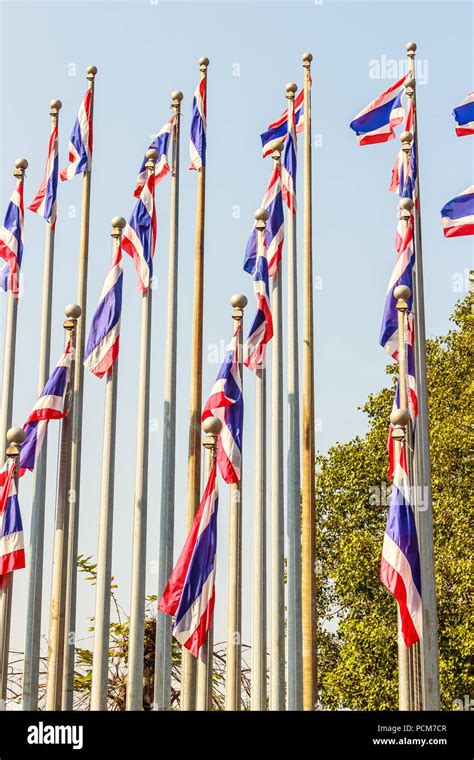 Beautiful View Of Thai National Flags On The Poles At The Queen Sirikit