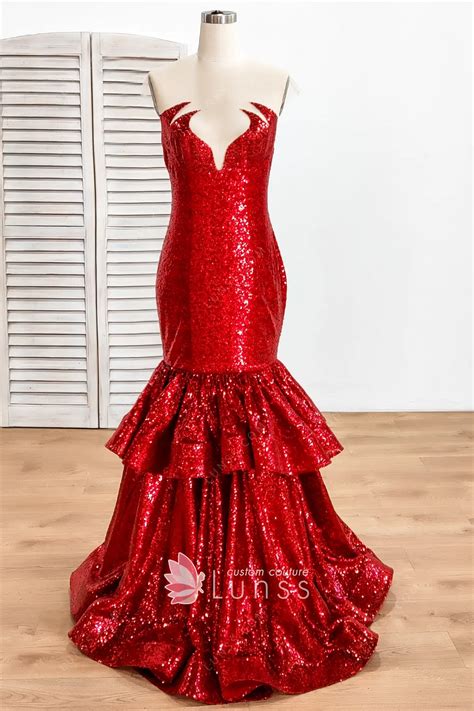 Sparkly Red Sequin Flame Neckline Trumpet Long Prom Dress Lunss