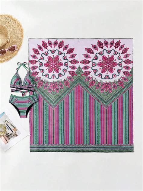 Shein Swim Bohofeel Ba Ador Bikini Halter Con Estampado Con Kimono Moda De Mujer Shein M Xico