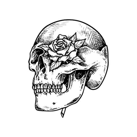 Cabeza de calavera con ilustración de rosa Vector Premium