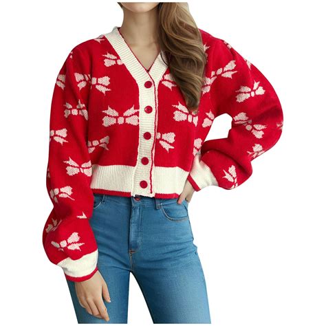 BZGTZT Women Christmas Bow Cardigan Sweater Y2K Long Sleeve Button Down