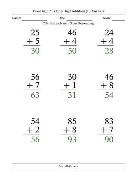 Two Digit Plus One Digit Addition 9 Questions F