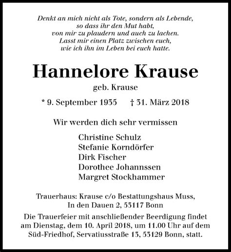 Traueranzeigen Von Hannelore Krause Ga Trauer De