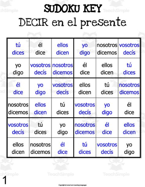 spanish decir present tense sudoku  teach simple