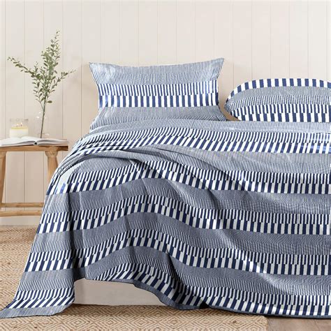 Pizuna Cotton Navy Cascade Stripe Flat Sheets Queen Size 1 Pc Only 100 Long Staple