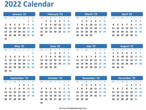 2022 Free Printable Yearly Calendar With Week Numbers 6 Templates Images