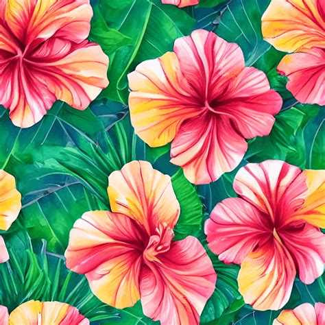 Lush Tropical Hibiscus Flowers Hawaiian Flower Field Seamless Pattern