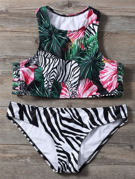 OFF Palm Zebra Print Round Neck Bikini In COLORMIX ZAFUL