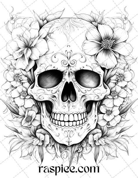 42 Floral Skull Grayscale Coloring Pages For Adults Stress Relief Col