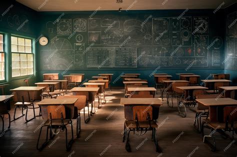 Premium Photo An Empty Classroom With Desks Neatly Arranged And A Chalkboard Filled With