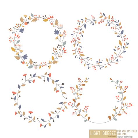 Autumn Flower Wreath Digital Clipart & Vector Set Instant Download ...