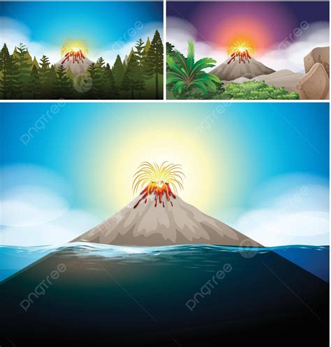 Scenes With Volcano In Forest And Ocean Nature Image Eruption Vector