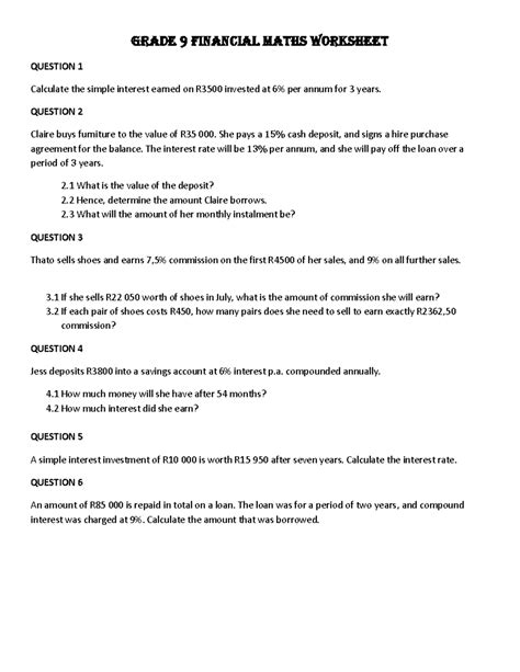 grade  financial maths worksheets practice problems studocu