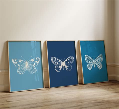 Blue Butterfly Printable Wall Art Set Of 3 Vintage Butterfly Print Set Eclectic Wall Art