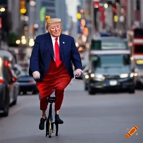 President Donald Trump riding on a small sized bicycle in a clown ...