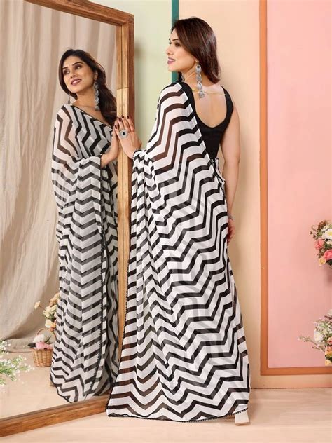 Zig Zag Printed Georgette Ready To Wear Saree With Fancy Lace At Rs