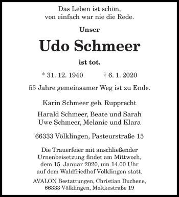 Traueranzeigen Von Udo Schmeer Saarbruecker Zeitung Trauer De