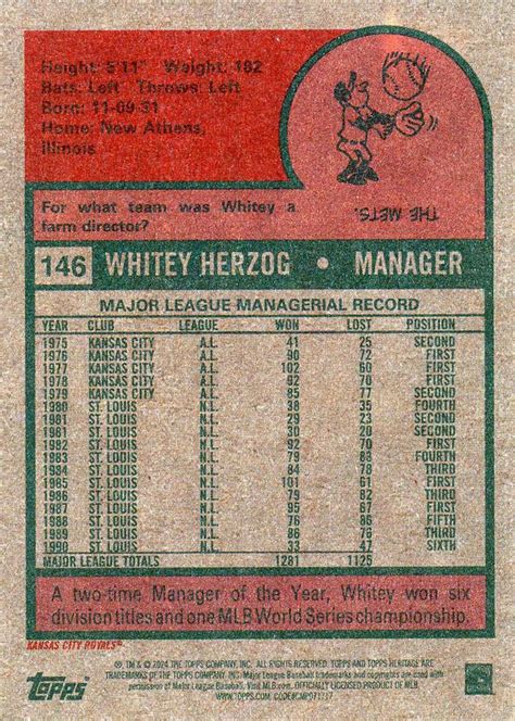 Topps Heritage Whitey Herzog Trading Card Database