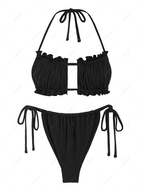 Multiway Frilled Textured String Tanga Bikini Set In Black Zaful 2024