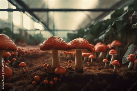 Growing row of organic poisonous red mushrooms, fly agaric in greenhouse on farm. Mushroom ...