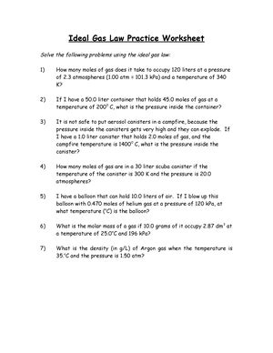 Ideal Gas Law Worksheet Ideal Gas Law Practice Worksheet Solve